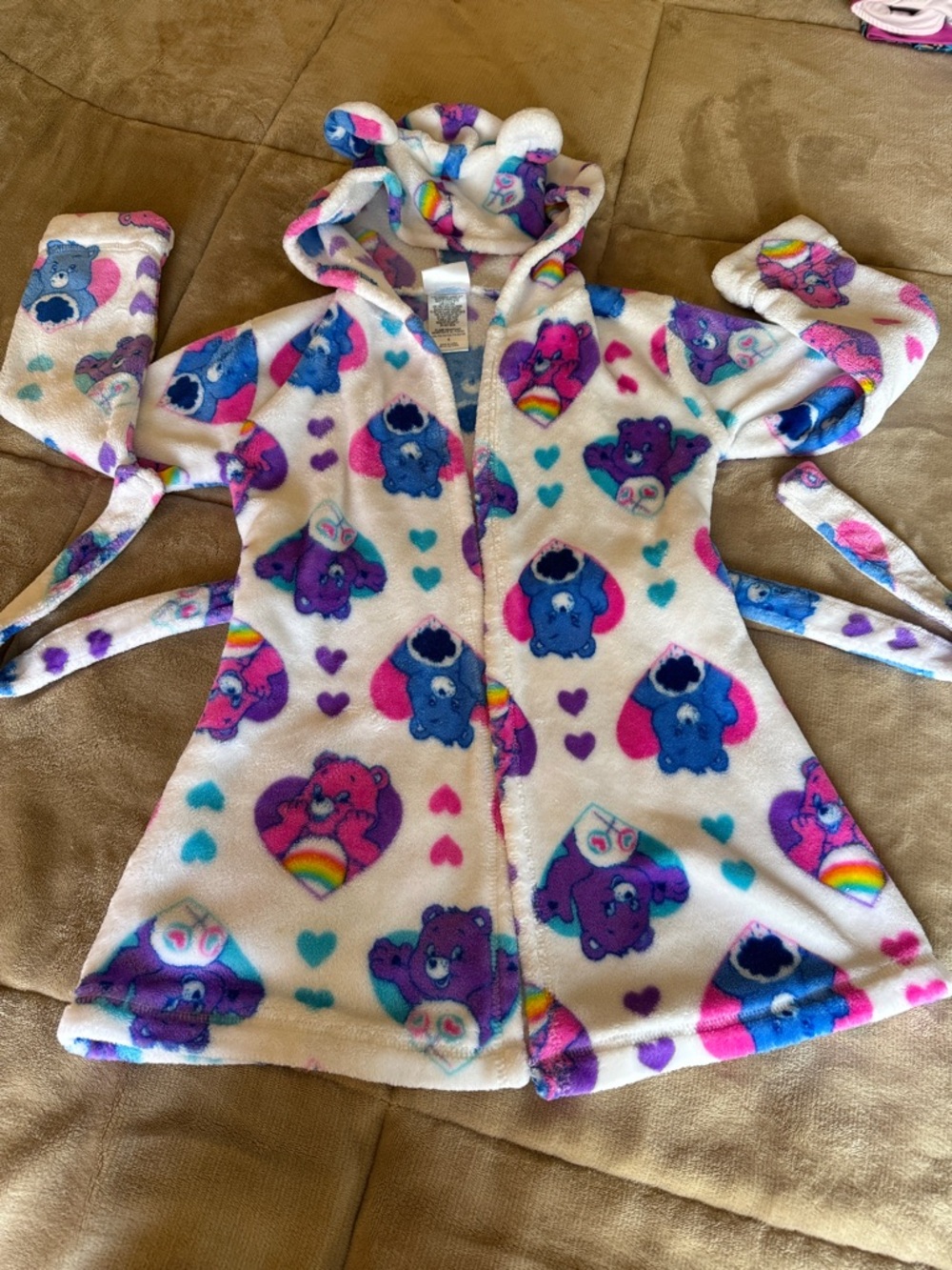 Care Bears White Fuzzy Hooded Robe with Blue Purple Pink Accents